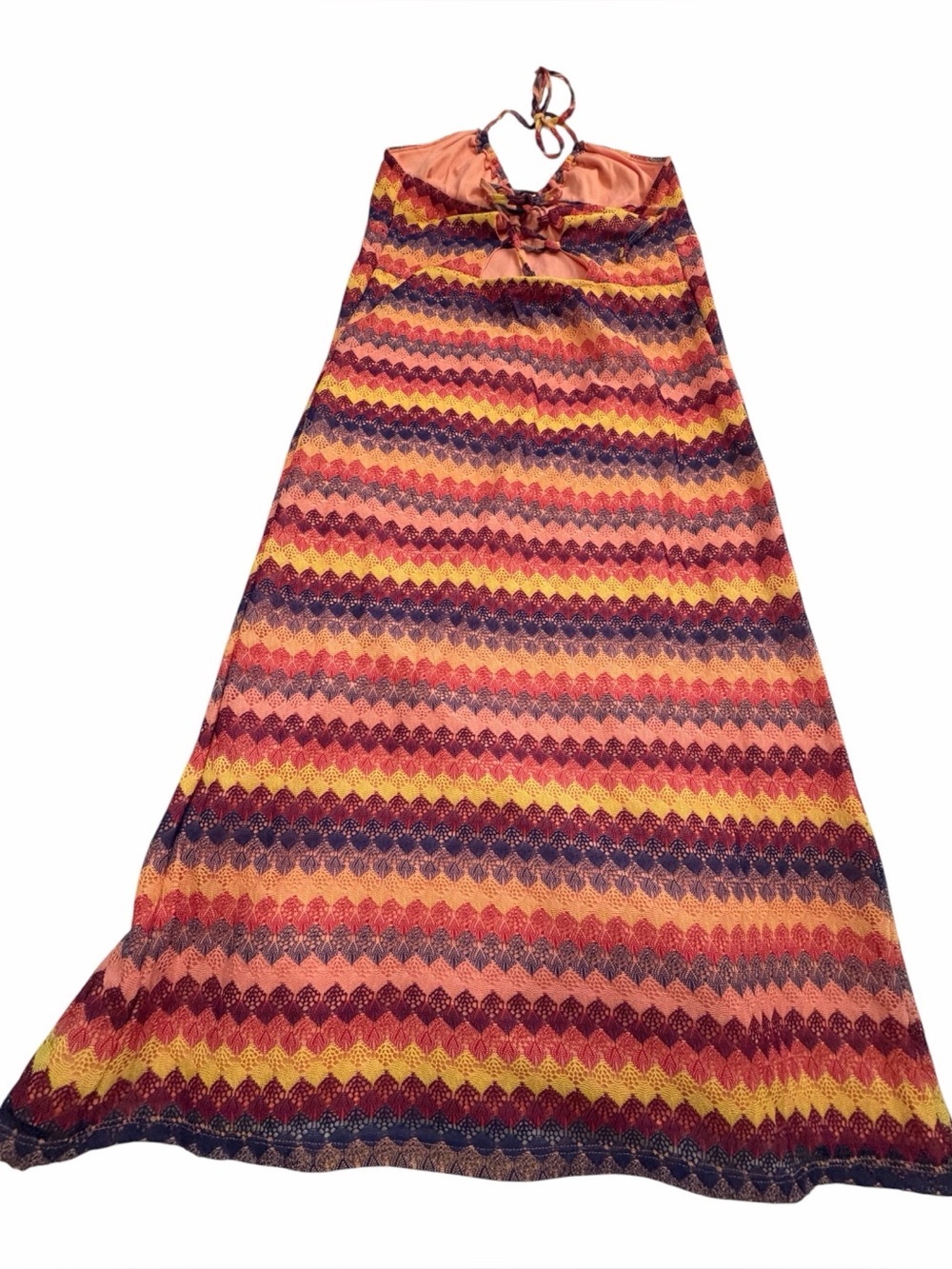 Wild Fable Peach Crochet Style Halter Dress with Multicolor Trim - Size Medium - Picture 10 of 12